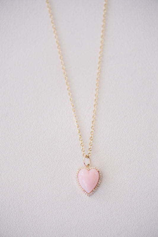 Pink Opal Heart with Diamond Surround on Chain