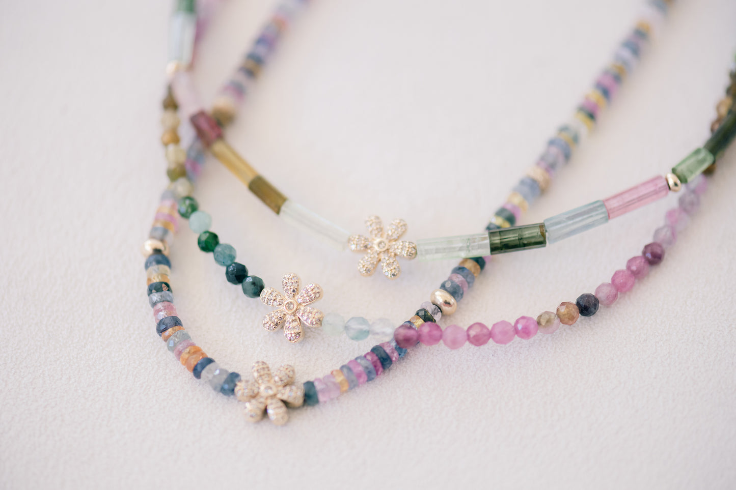 Elongated Tourmaline Beaded Necklace with Diamond Flower Charm