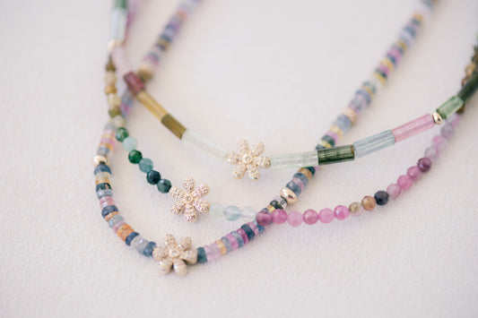 Elongated Tourmaline Beaded Necklace with Diamond Flower Charm